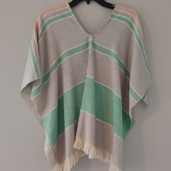Sweaters - Women's Striped V-Neck Poncho Sweater in Mint and Beige